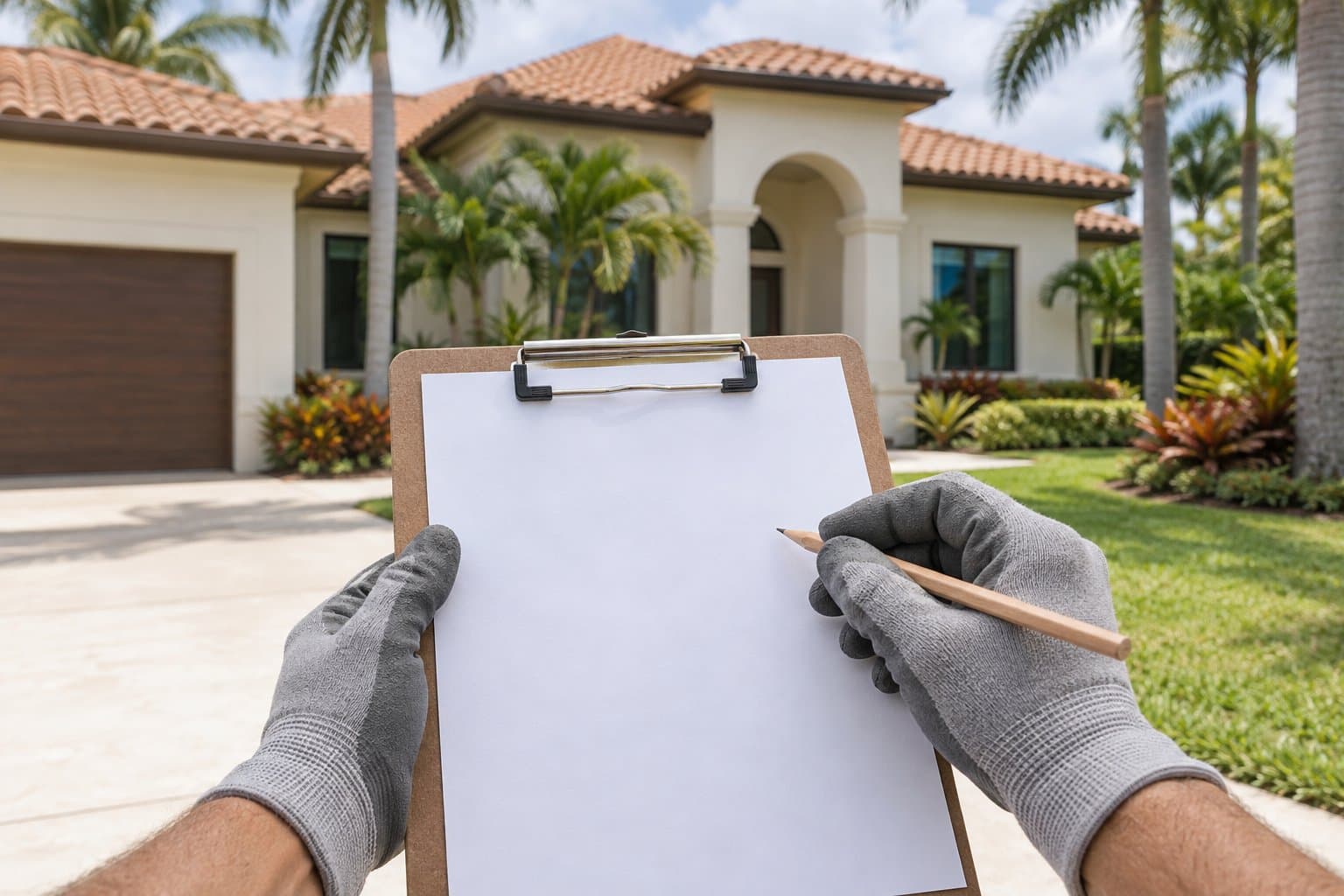Roofer holding a clipboard on a tile roof