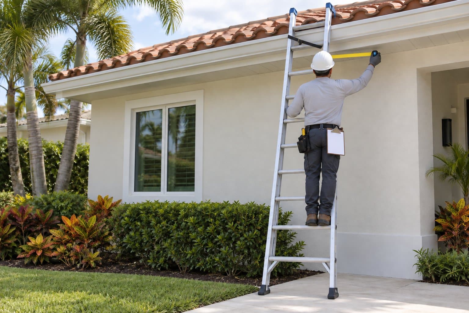 Roofer measuring at the eave during a roof inspection