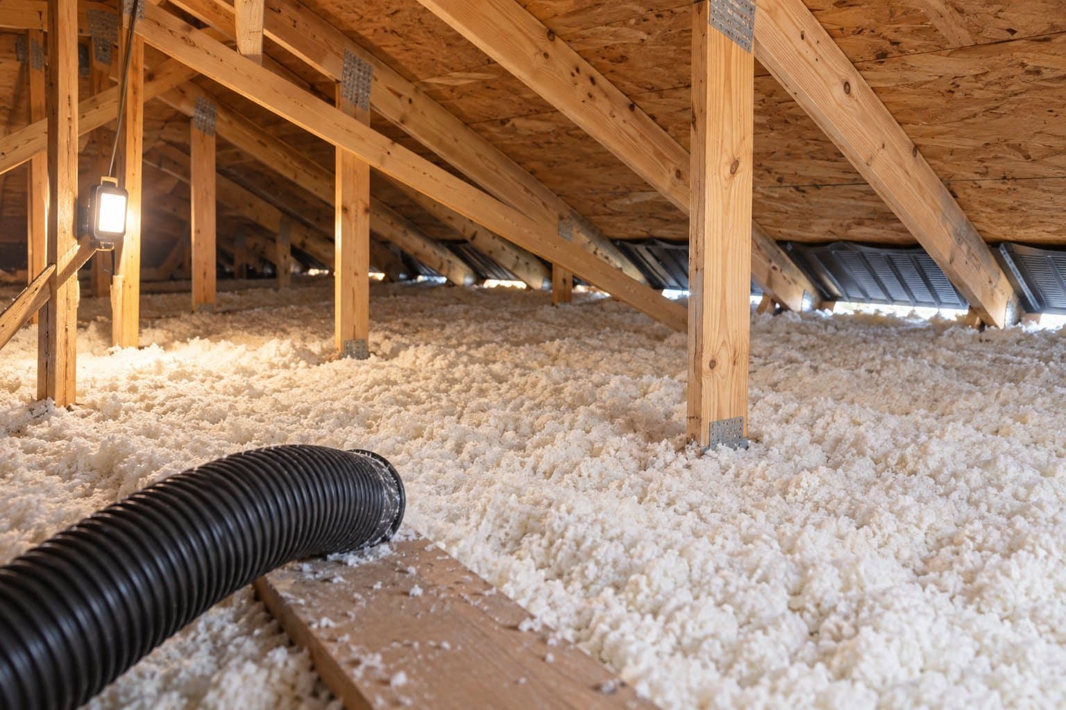 Fresh blown-in insulation covering the joists in a Florida attic