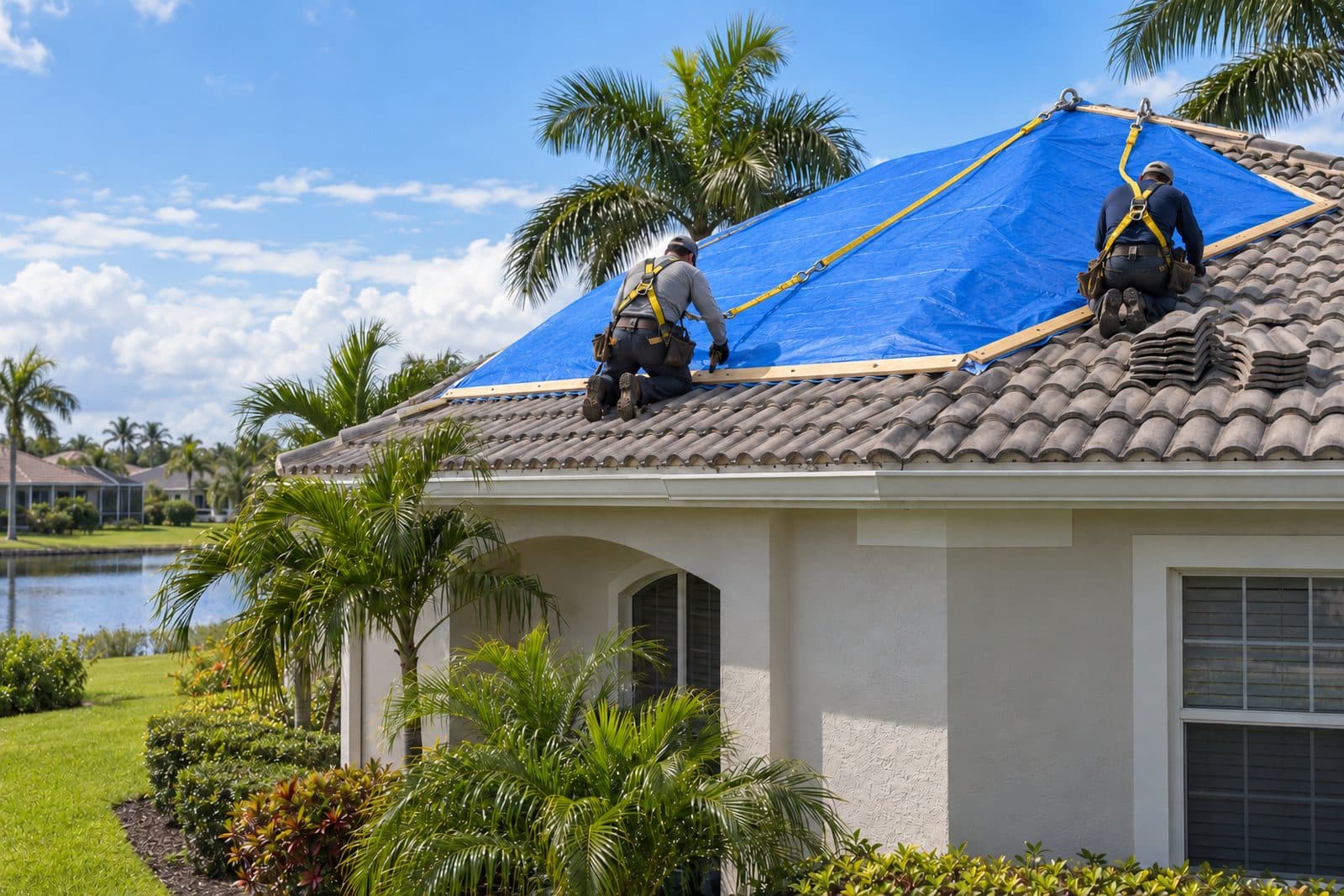 Two roofers in safety harnesses fastening wood battens along a blue tarp on a concrete tile roof