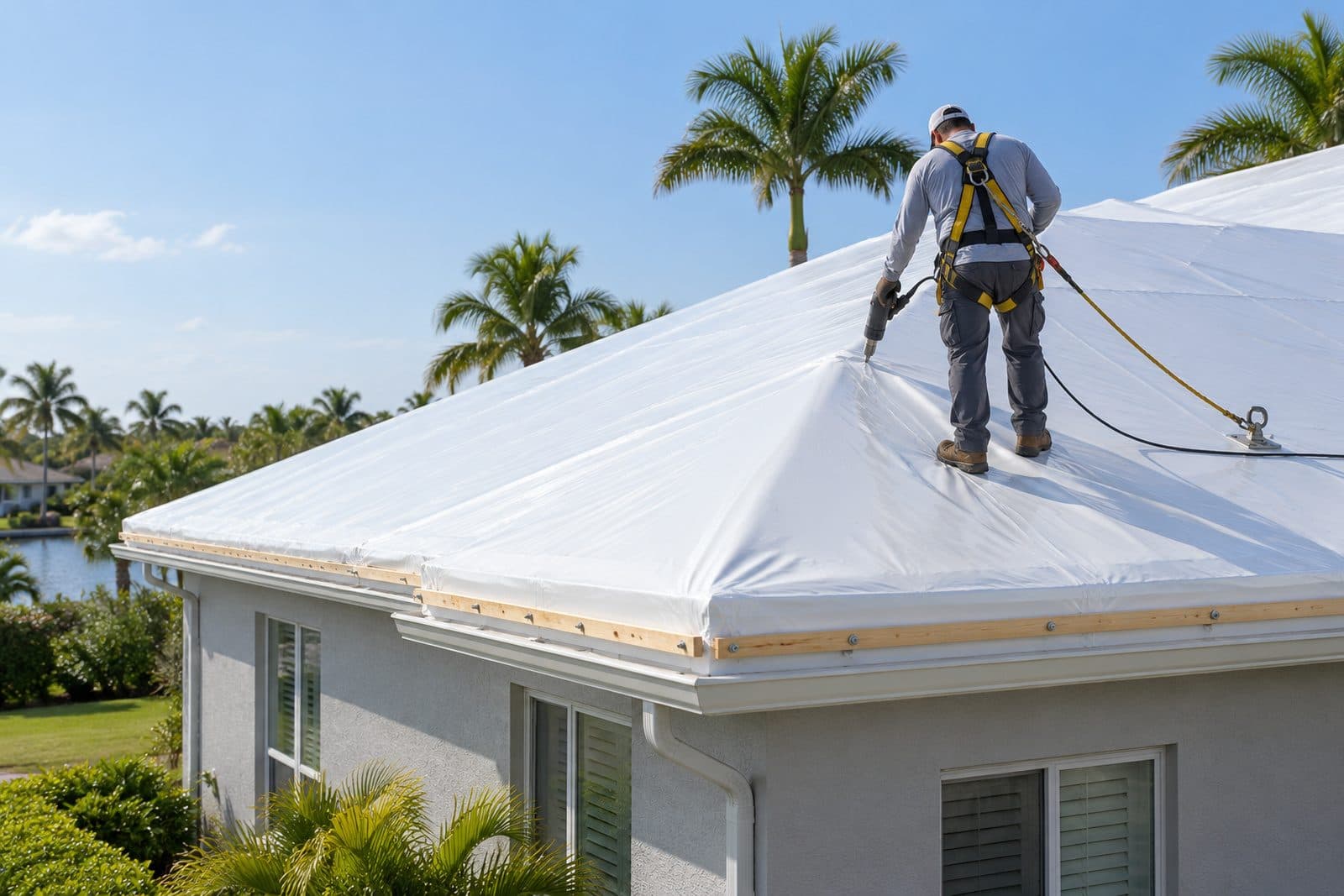 Roofer in a safety harness heat-shrinking white shrink-wrap film over a hip roof