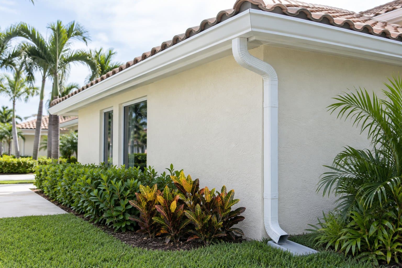 Newly installed seamless aluminum gutter and downspout on a Florida home